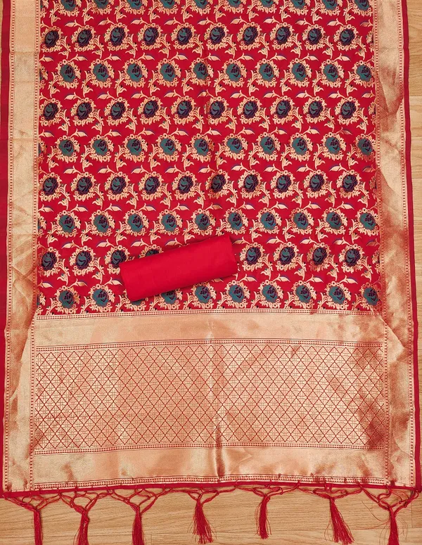 Red_Soft_Litchi_Banarasi_Silk_Weaving_Unstitched_Kurta_Set_For_Women