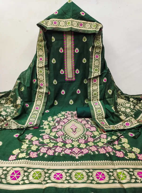 Bottle_Green_Chanderi_Banarasi_Cotton_Weaving_Unstitched_Kurta_Set_For_Women