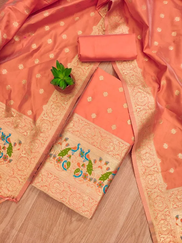 Orange_Soft_Litchi_Banarasi_Silk_Weaving_Unstitched_Kurta_Set_For_Women
