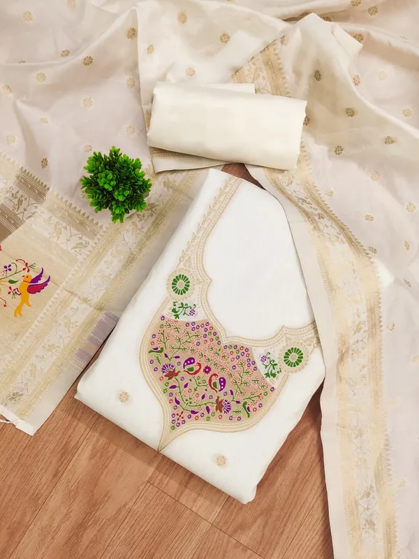 White_Soft_Litchi_Banarasi_Silk_Weaving_Unstitched_Kurta_Set_For_Women