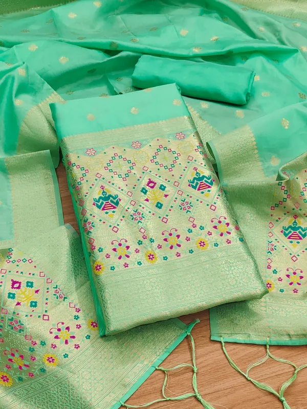 Sea_Green_Soft_Litchi_Banarasi_Silk_Weaving_Unstitched_Kurta_Set_For_Women