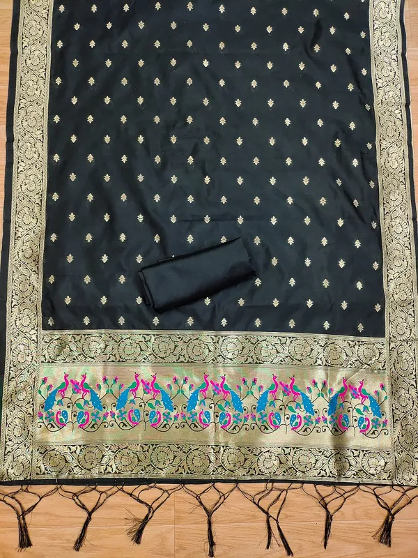 Black_Soft_Litchi_Banarasi_Silk_Weaving_Unstitched_Kurta_Set_For_Women