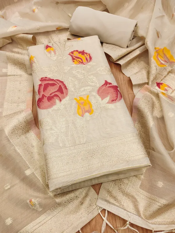 Cream_Shimmer_Banarasi_Silk_Weaving_Unstitched_Kurta_Set_For_Women