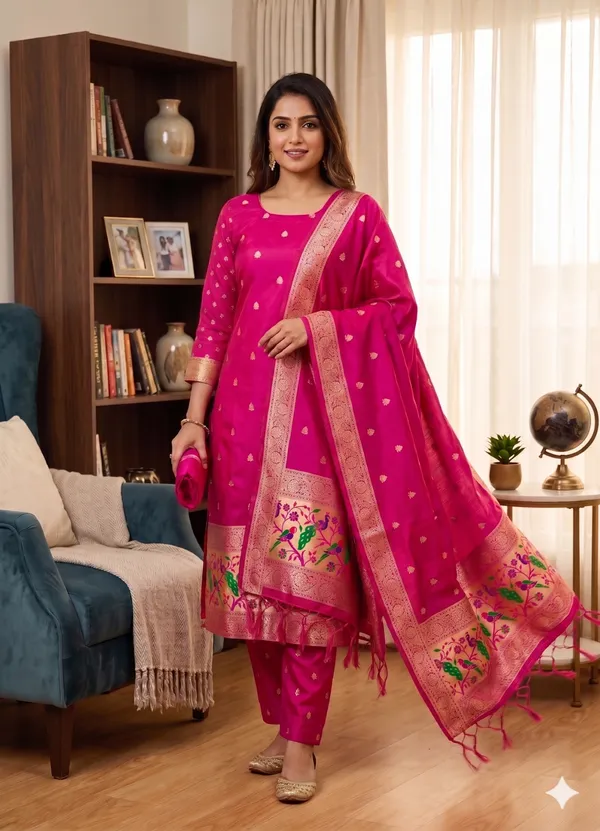 Pink_Soft_Litchi_Banarasi_Silk_Weaving_Unstitched_Kurta_Set_For_Women