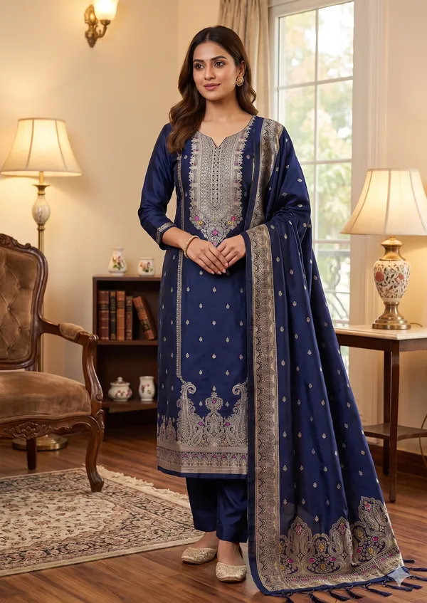 Navy_Blue_Soft_Litchi_Banarasi_Silk_Weaving_Unstitched_Kurta_Set_For_Women
