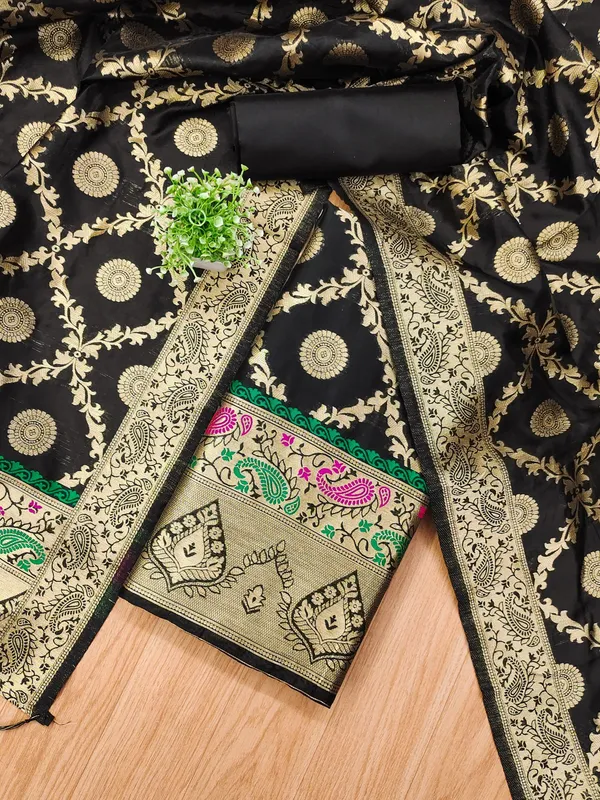 Black_Soft_Litchi_Banarasi_Silk_Weaving_Unstitched_Kurta_Set_For_Women