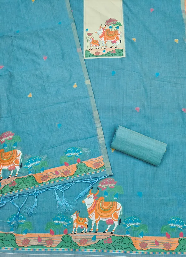 Sky_Blue_Jamdani_Banarasi_Cotton_Weaving_Unstitched_Kurta_Set_For_Women