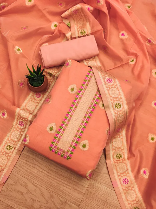 Peach_Chanderi_Banarasi_Cotton_Weaving_Unstitched_Kurta_Set_For_Women