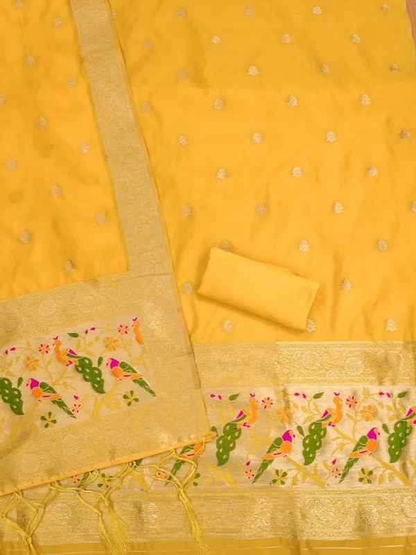 Yellow_Soft_Litchi_Banarasi_Silk_Weaving_Unstitched_Kurta_Set_For_Women