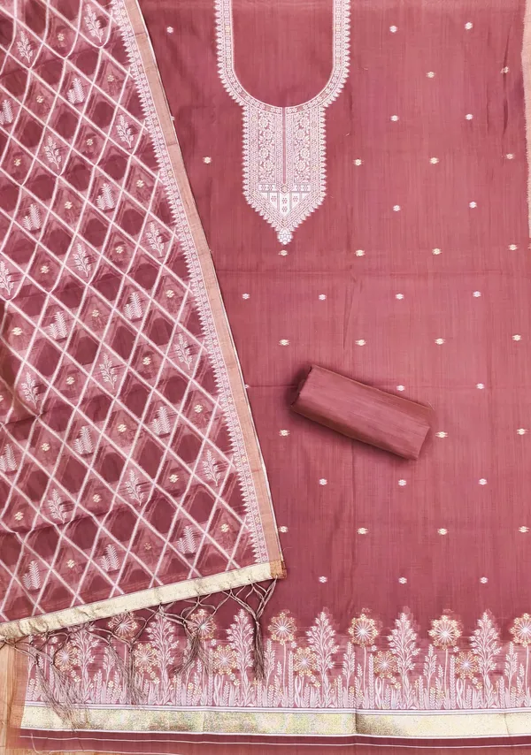 Pink_Jamdani_Banarasi_Cotton_Weaving_Unstitched_Kurta_Set_For_Women