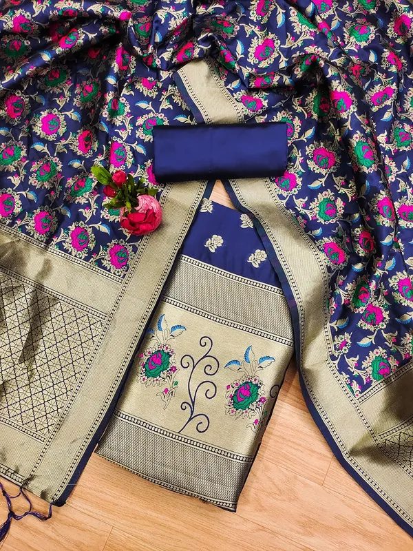 Navy_Blue_Soft_Litchi_Banarasi_Silk_Weaving_Unstitched_Kurta_Set_For_Women