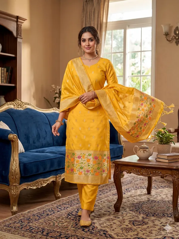Yellow_Soft_Litchi_Banarasi_Silk_Weaving_Unstitched_Kurta_Set_For_Women