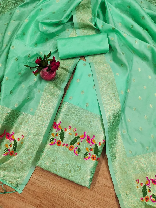 Sea_Green_Soft_Litchi_Banarasi_Silk_Weaving_Unstitched_Kurta_Set_For_Women