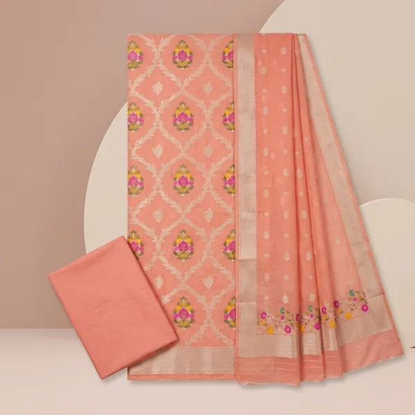Peach_Chanderi_Banarasi_Cotton_Weaving_Unstitched_Kurta_Set_For_Women