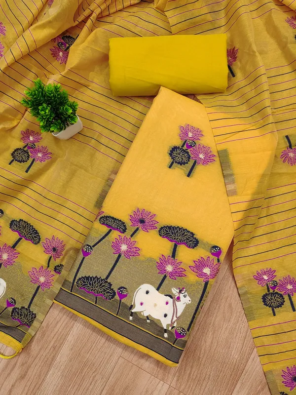 Yellow_Muga_Banarasi_Cotton_Weaving_Unstitched_Kurta_Set_For_Women
