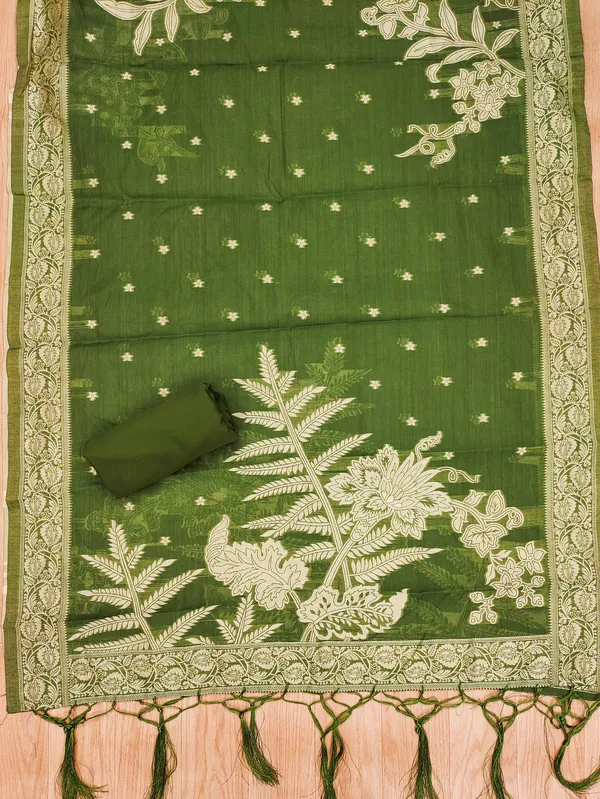Mehendi_Jamdani_Banarasi_Cotton_Weaving_Unstitched_Kurta_Set_For_Women