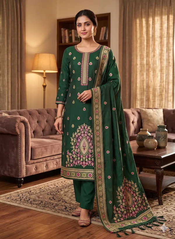 Bottle_Green_Chanderi_Banarasi_Cotton_Weaving_Unstitched_Kurta_Set_For_Women