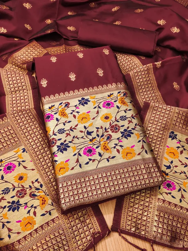 Maroon_Soft_Litchi_Banarasi_Silk_Weaving_Unstitched_Kurta_Set_For_Women