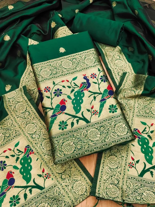 Green_Soft_Litchi_Banarasi_Silk_Weaving_Unstitched_Kurta_Set_For_Women