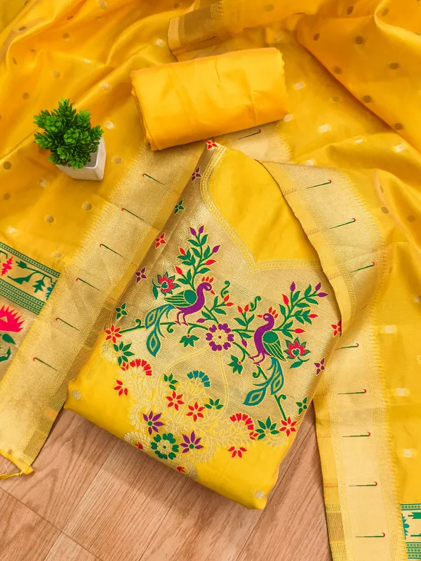 Yellow_Soft_Litchi_Banarasi_Silk_Weaving_Unstitched_Kurta_Set_For_Women