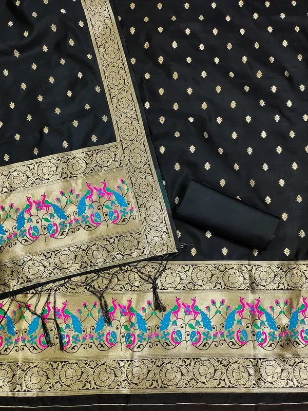 Black_Soft_Litchi_Banarasi_Silk_Weaving_Unstitched_Kurta_Set_For_Women