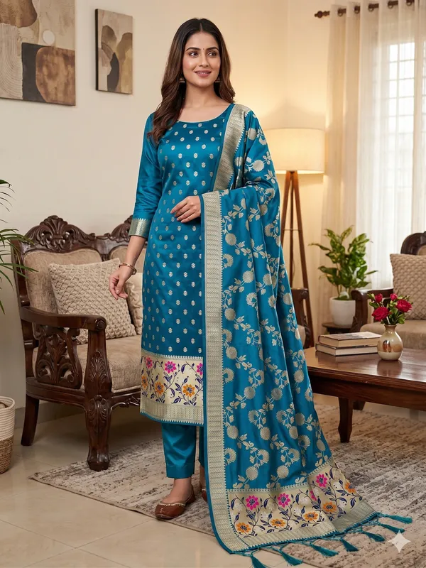 Blue_Soft_Litchi_Banarasi_Silk_Weaving_Unstitched_Kurta_Set_For_Women