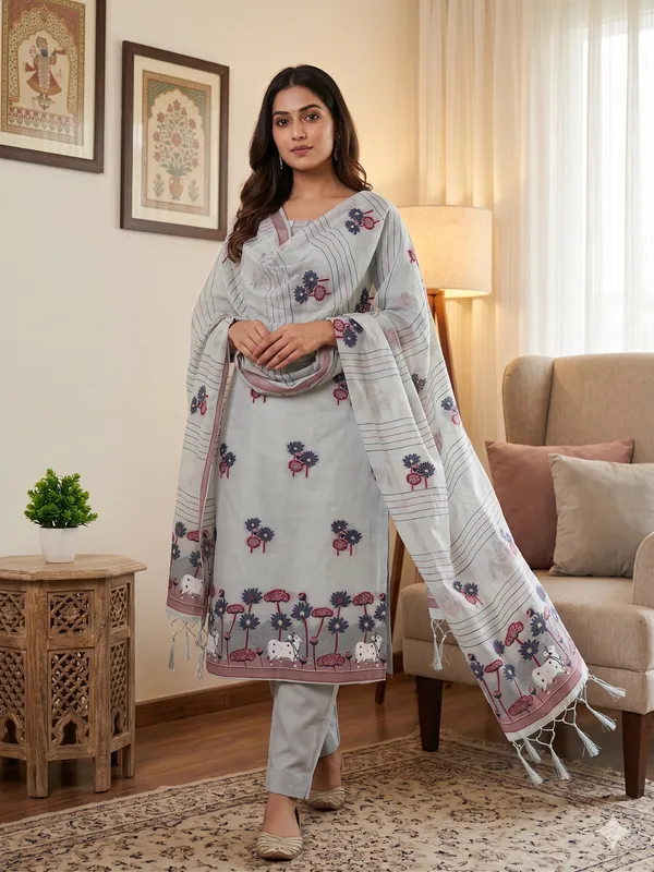 Grey_Muga_Banarasi_Cotton_Weaving_Unstitched_Kurta_Set_For_Women