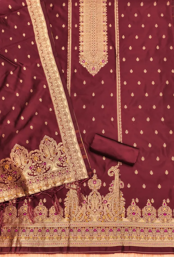 Maroon_Soft_Litchi_Banarasi_Silk_Weaving_Unstitched_Kurta_Set_For_Women
