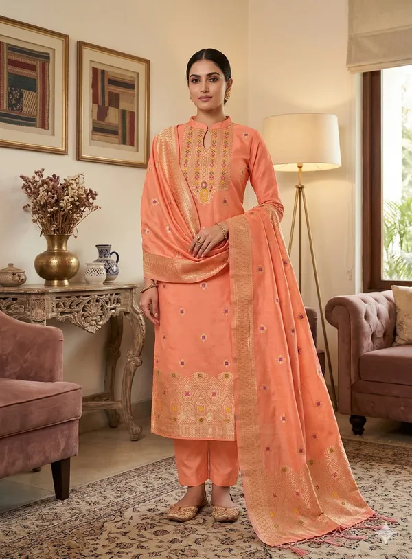 Peach_Chanderi_Banarasi_Cotton_Weaving_Unstitched_Kurta_Set_For_Women