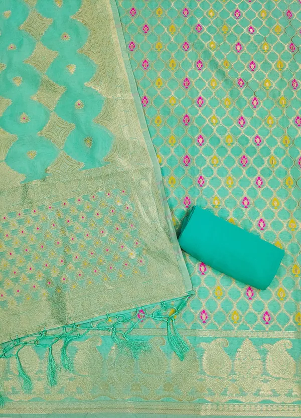 Sea_Green_Chanderi_Banarasi_Cotton_Weaving_Unstitched_Kurta_Set_For_Women