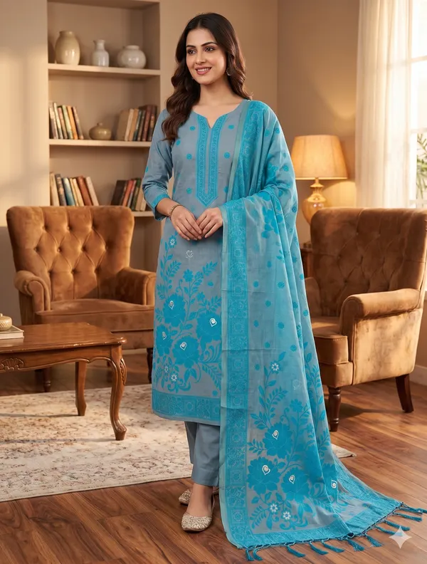 Grey_Jamdani_Banarasi_Cotton_Weaving_Unstitched_Kurta_Set_For_Women