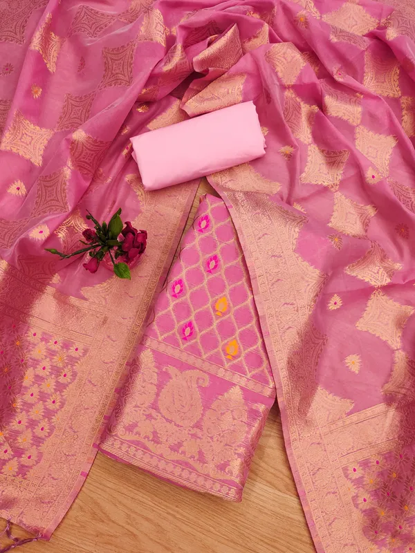 Pink_Chanderi_Banarasi_Cotton_Weaving_Unstitched_Kurta_Set_For_Women