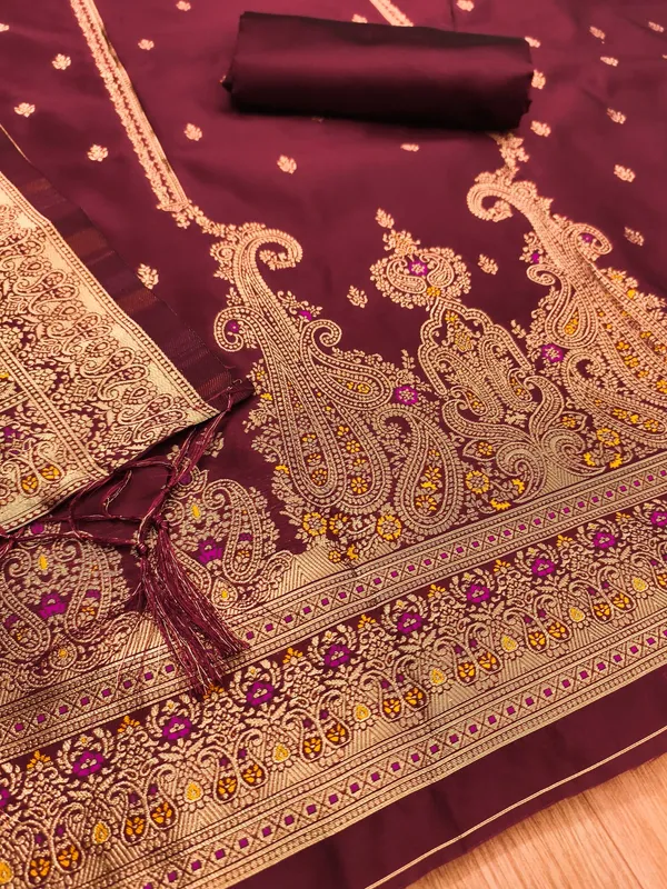 Maroon_Soft_Litchi_Banarasi_Silk_Weaving_Unstitched_Kurta_Set_For_Women