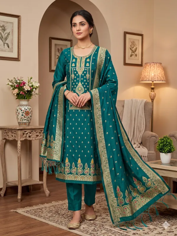 Teal_Soft_Litchi_Banarasi_Silk_Weaving_Unstitched_Kurta_Set_For_Women