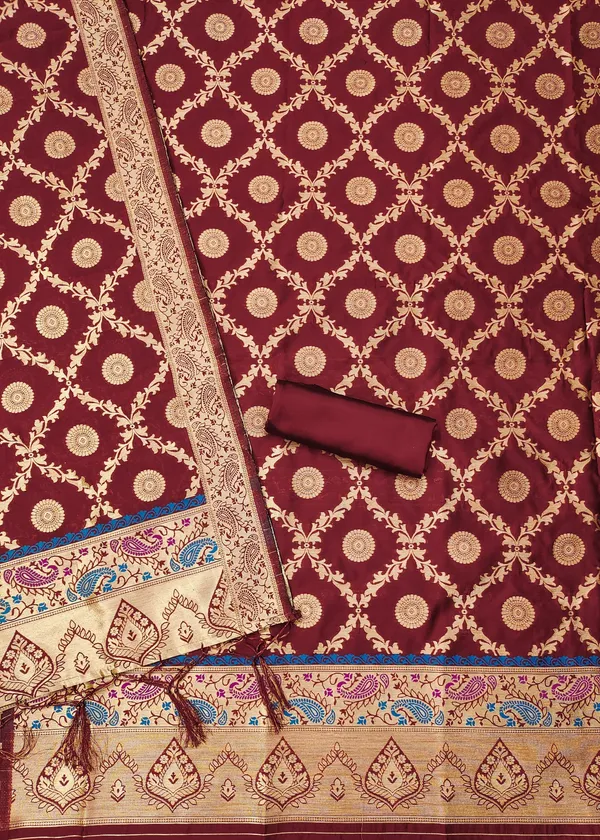 Maroon_Soft_Litchi_Banarasi_Silk_Weaving_Unstitched_Kurta_Set_For_Women