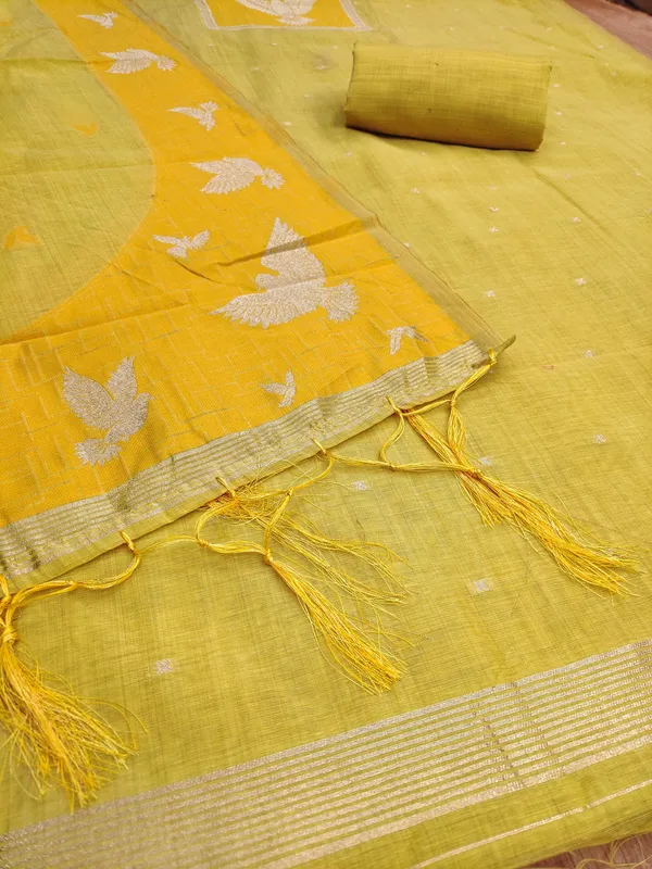 Yellow_Jamdani_Banarasi_Cotton_Weaving_Unstitched_Kurta_Set_For_Women