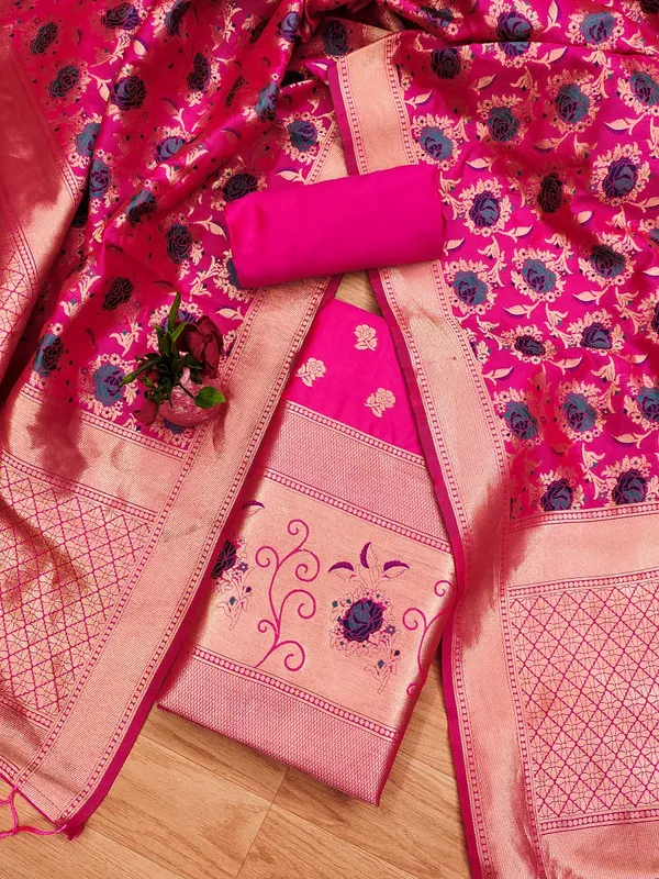 Rani_Pink_Soft_Litchi_Banarasi_Silk_Weaving_Unstitched_Kurta_Set_For_Women