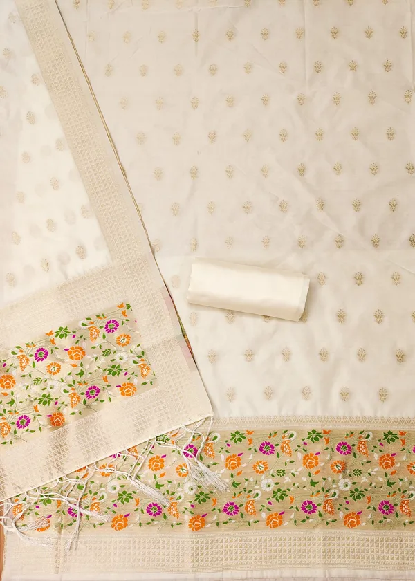 White_Soft_Litchi_Banarasi_Silk_Weaving_Unstitched_Kurta_Set_For_Women