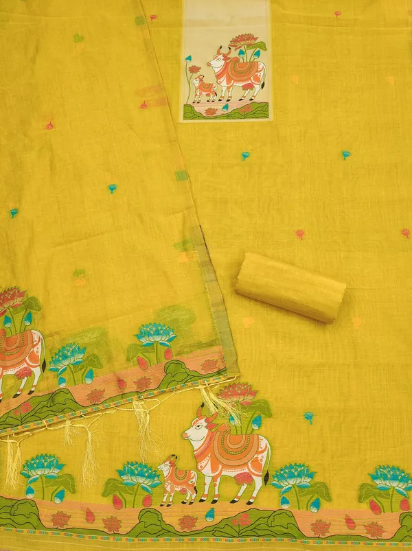 Yellow_Jamdani_Banarasi_Cotton_Weaving_Unstitched_Kurta_Set_For_Women