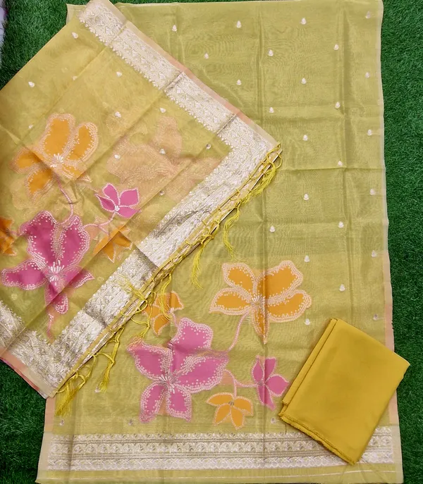 Yellow_Shimmer_Banarasi_Silk_Weaving_Unstitched_Kurta_Set_For_Women
