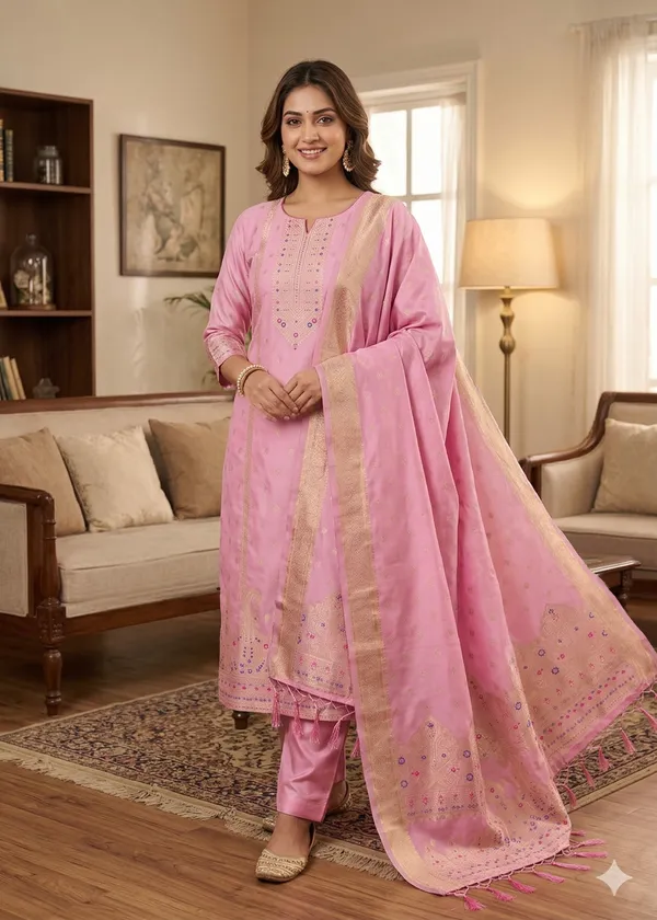 Baby_Pink_Soft_Litchi_Banarasi_Silk_Weaving_Unstitched_Kurta_Set_For_Women