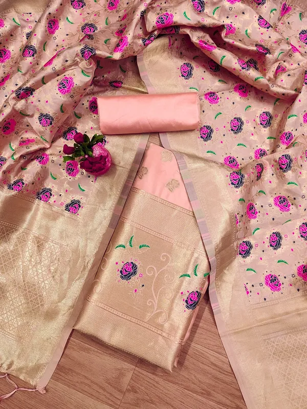 Peach_Soft_Litchi_Banarasi_Silk_Weaving_Unstitched_Kurta_Set_For_Women
