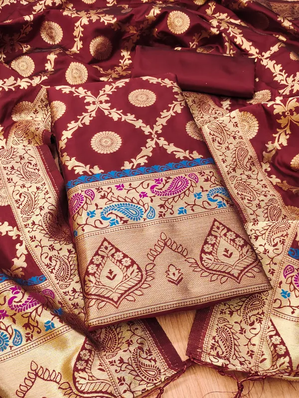 Maroon_Soft_Litchi_Banarasi_Silk_Weaving_Unstitched_Kurta_Set_For_Women