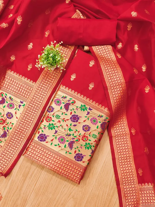 Red_Soft_Litchi_Banarasi_Silk_Weaving_Unstitched_Kurta_Set_For_Women