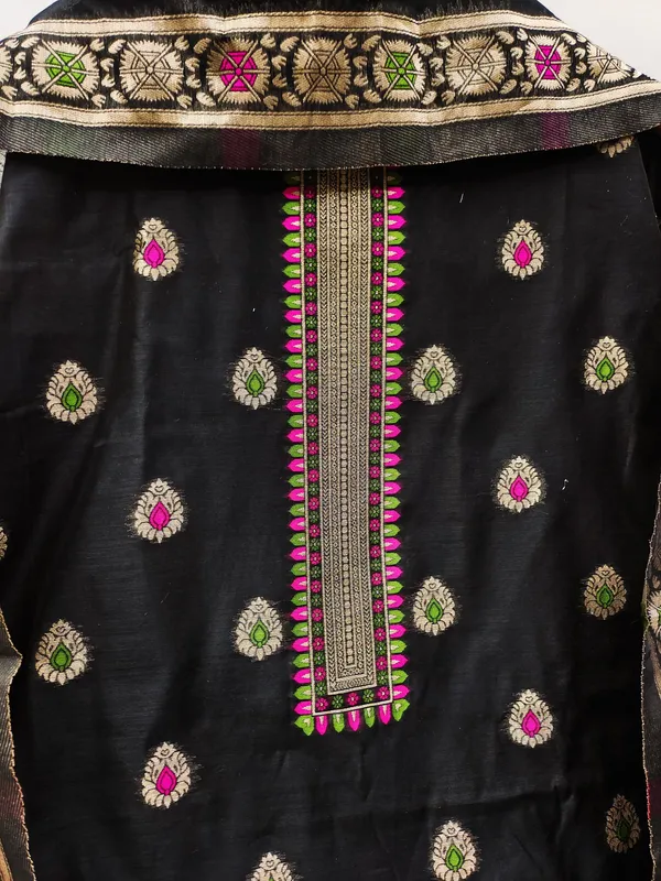 Black_Chanderi_Banarasi_Cotton_Weaving_Unstitched_Kurta_Set_For_Women