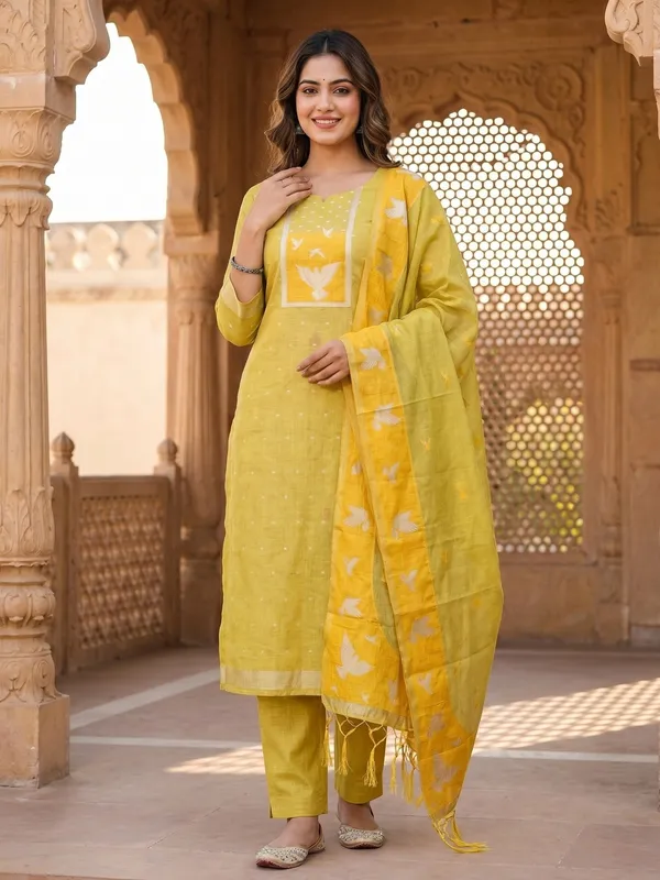 Yellow_Jamdani_Banarasi_Cotton_Weaving_Unstitched_Kurta_Set_For_Women