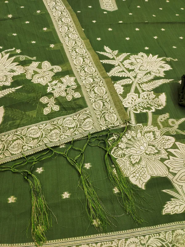 Mehendi_Jamdani_Banarasi_Cotton_Weaving_Unstitched_Kurta_Set_For_Women
