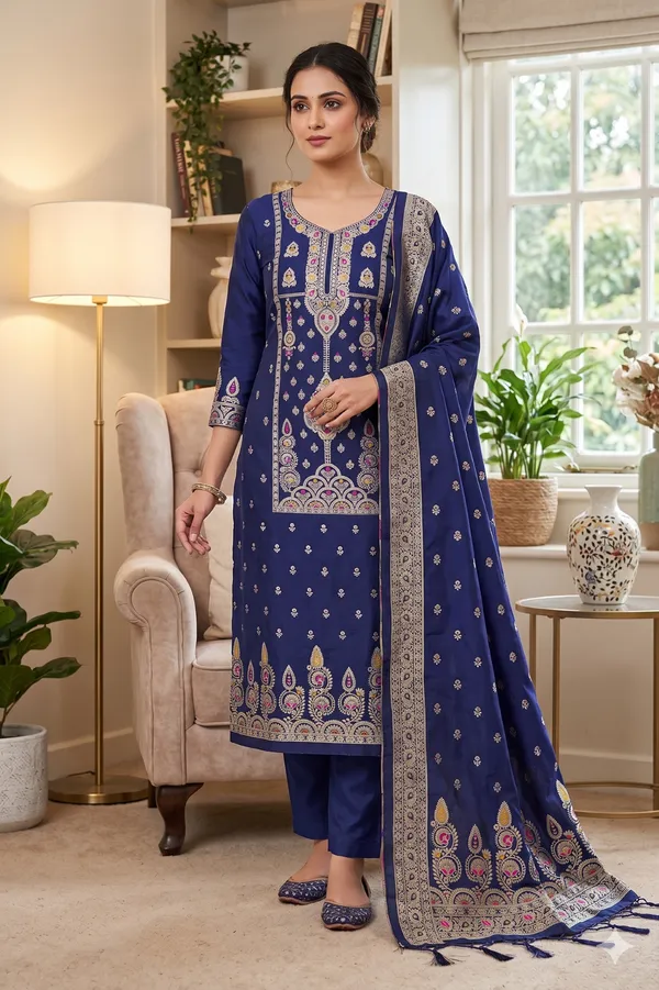 Navy_Blue_Soft_Litchi_Banarasi_Silk_Weaving_Unstitched_Kurta_Set_For_Women