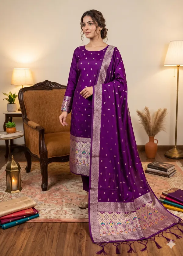 Purple_Soft_Litchi_Banarasi_Silk_Weaving_Unstitched_Kurta_Set_For_Women