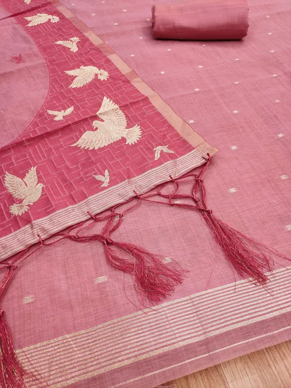 Pink_Jamdani_Banarasi_Cotton_Weaving_Unstitched_Kurta_Set_For_Women